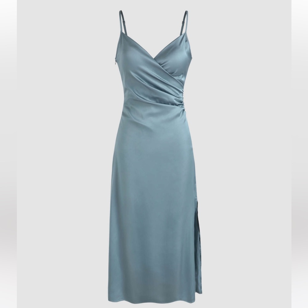 Cider Solid Satin Slit Midi Dress